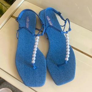 Cult Gaia denim with faux pearls thong sandals size 7.5 Made in Brazil